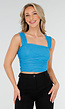 Blauwe Mesh Off Shoulder Top met Stretch en Drapé Effect