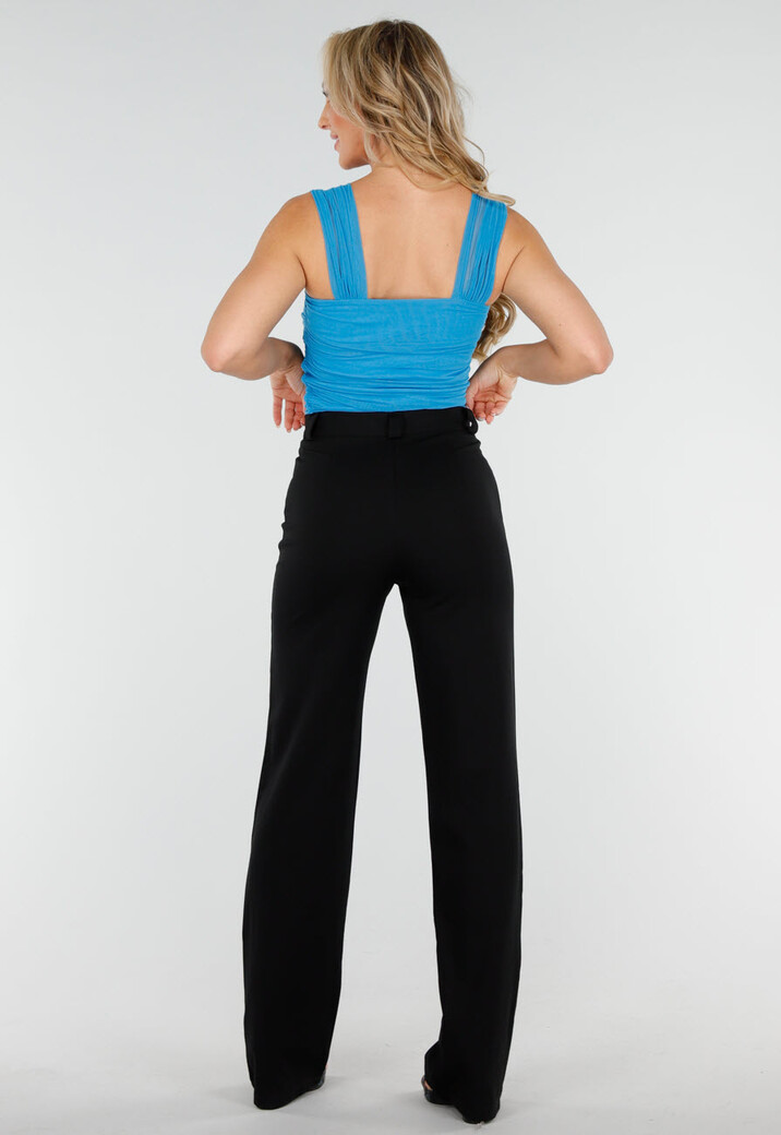 Blauwe Mesh Off Shoulder Top met Stretch en Drapé Effect