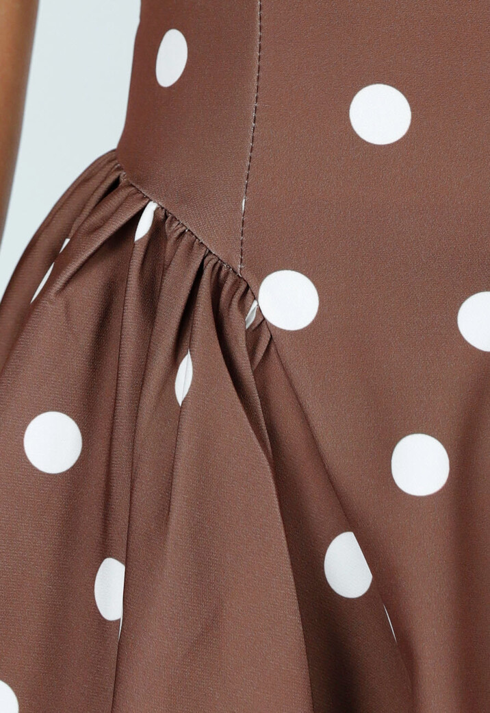 Bruine Retro Jurk met Witte Polkadots en Strik