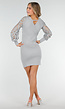 Grijze Rib Gebreide Overslag Stretch Jurk met Gehaakte Mouwen