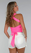 Neon Roze Strakke Top met Strappy Rug Detail
