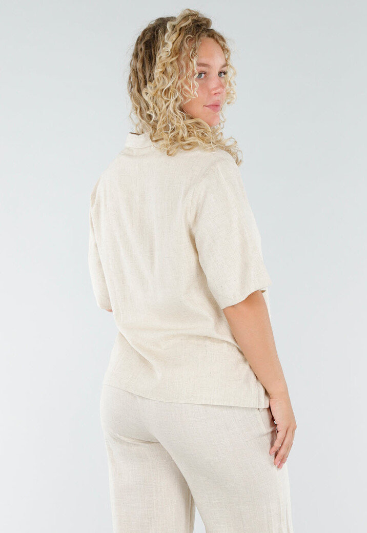 Beige Linnenlook Set met Rechte Broek en Blazer Top