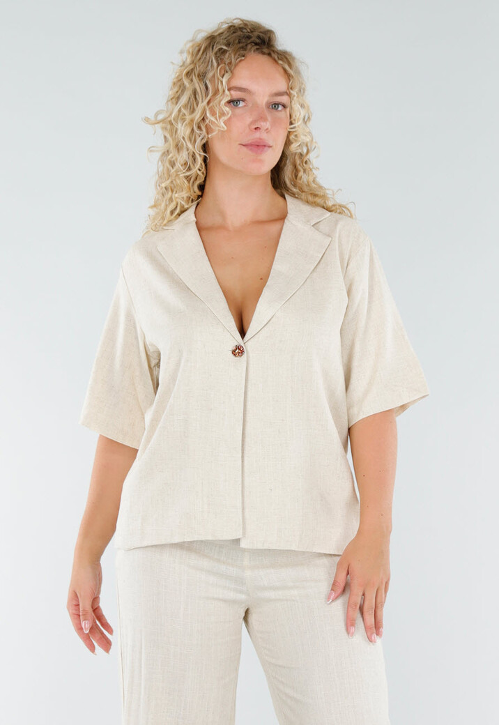 Beige Linnenlook Set met Rechte Broek en Blazer Top