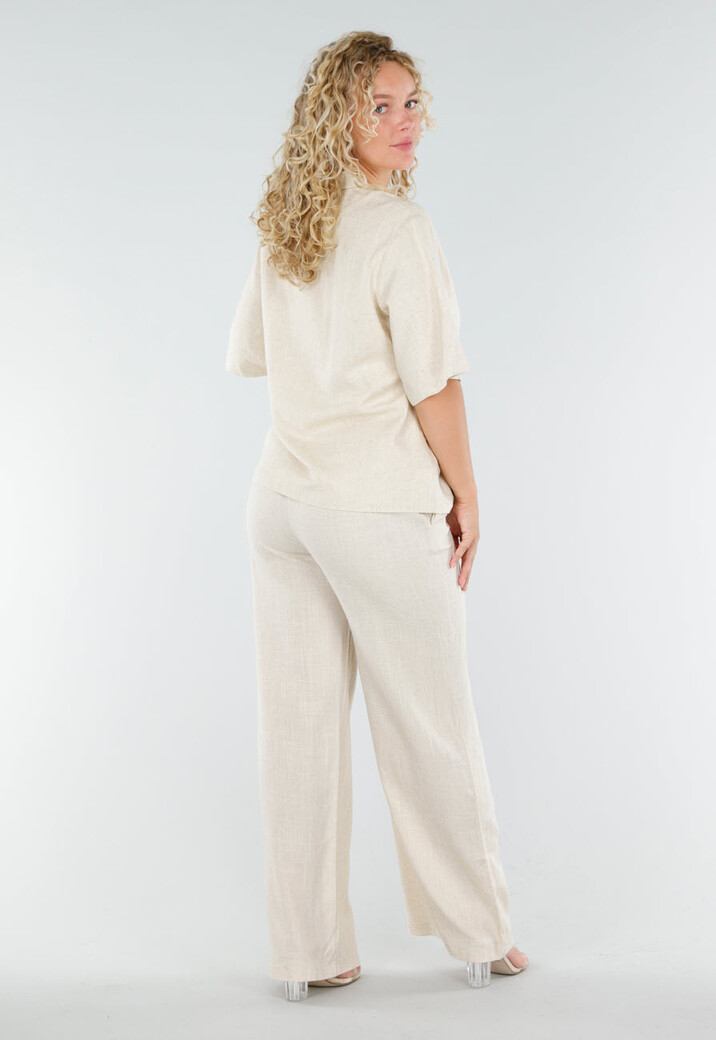 Beige Linnenlook Set met Rechte Broek en Blazer Top