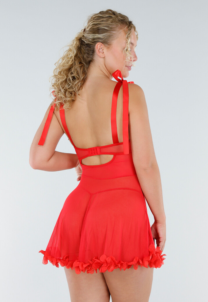 Rode Transparante Babydoll Lingerieset met Bloemenrand