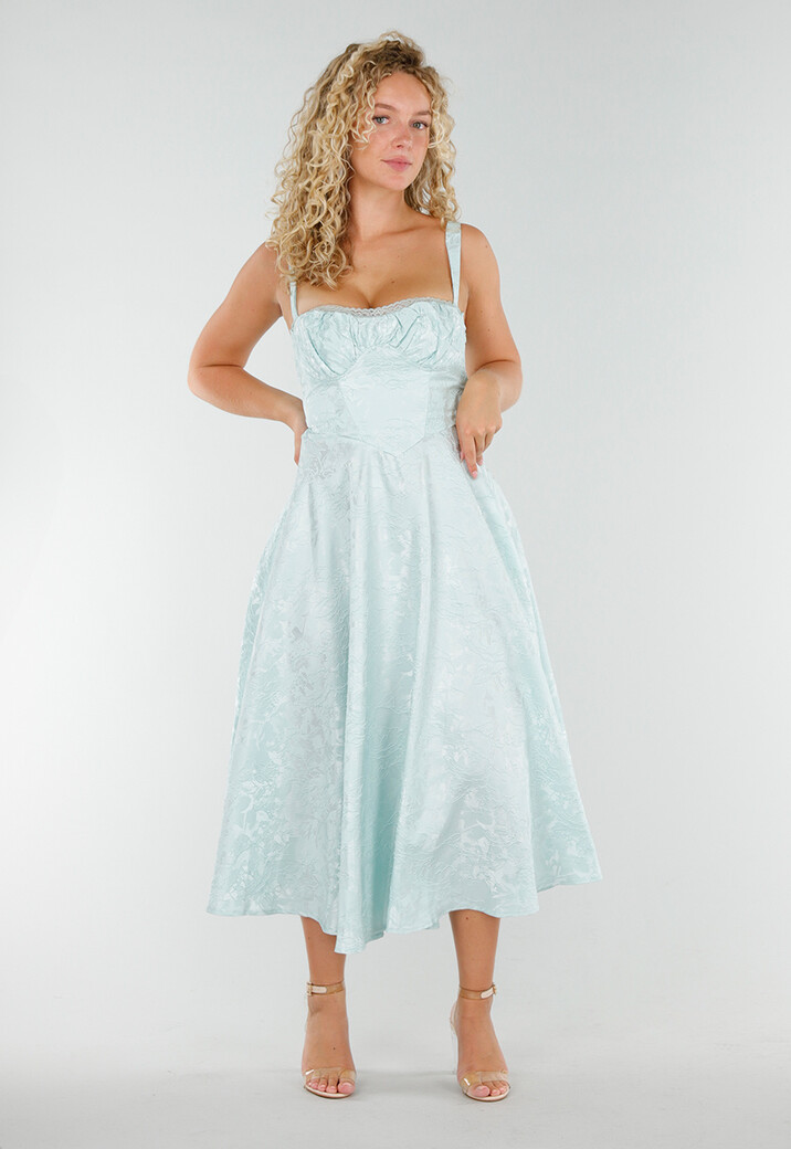 Mintgroene Midi Jurk met Brede Bandjes en Licht Glanzend Motief