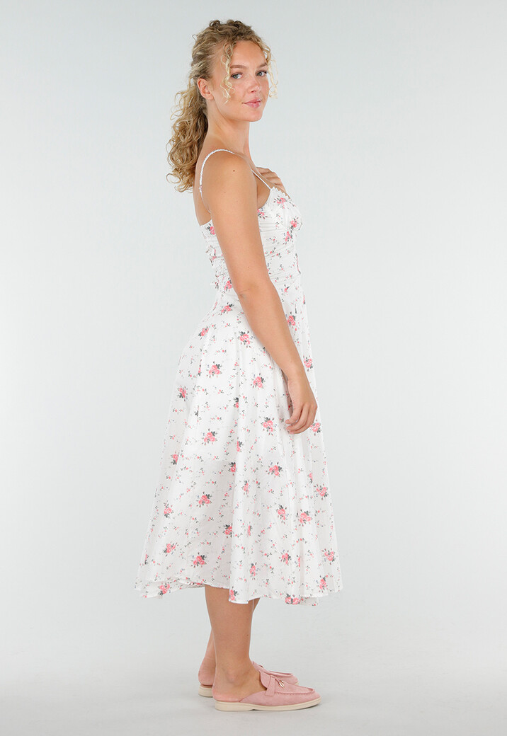 Witte Midi Jurk met Bloemenprint en Korsetdetail