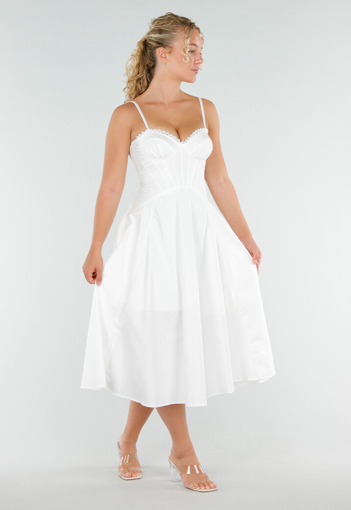 Witte Midi Jurk met Korset Top en Crochet Randje