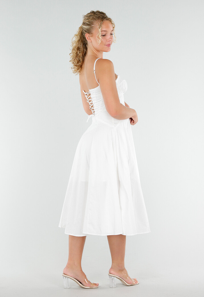 Witte Midi Jurk met Korset Top en Crochet Randje