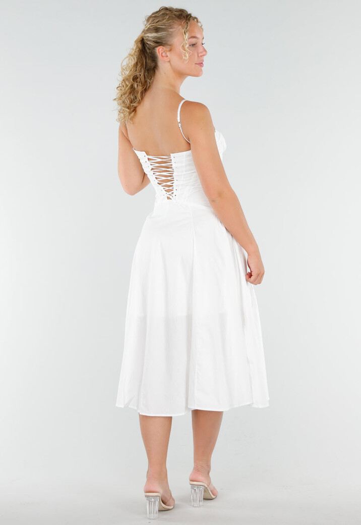 Witte Midi Jurk met Korset Top en Crochet Randje
