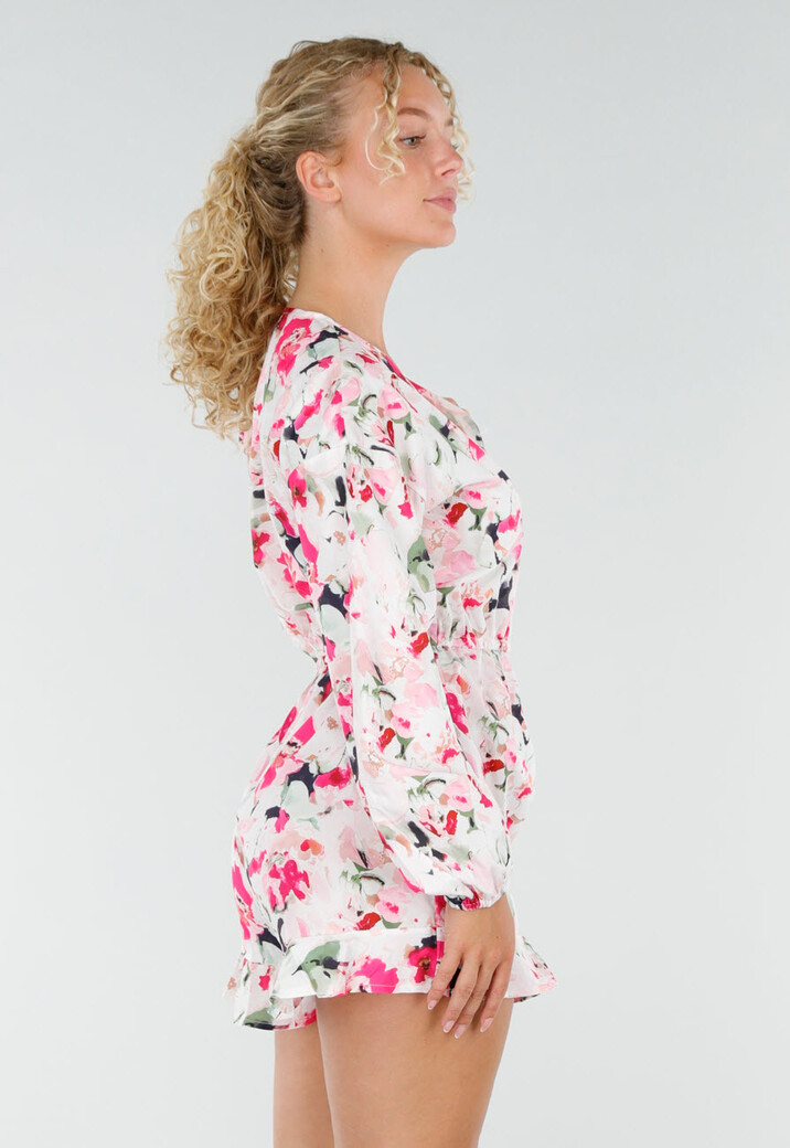 Witte Bloemen Playsuit met Lange Pofmouwen