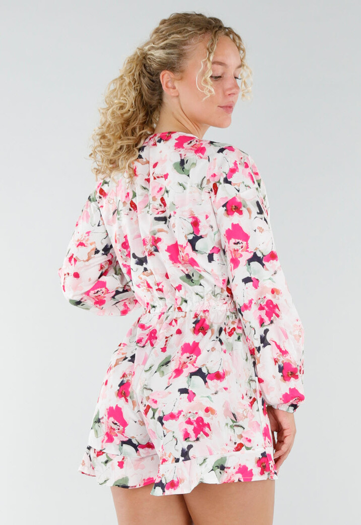Witte Bloemen Playsuit met Lange Pofmouwen