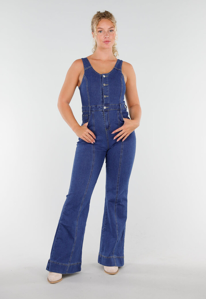 Blauwe Mouwloze Denim Flared Jumpsuit Stretch