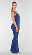 Blauwe Mouwloze Denim Flared Jumpsuit Stretch
