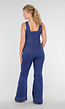 Blauwe Mouwloze Denim Flared Jumpsuit Stretch