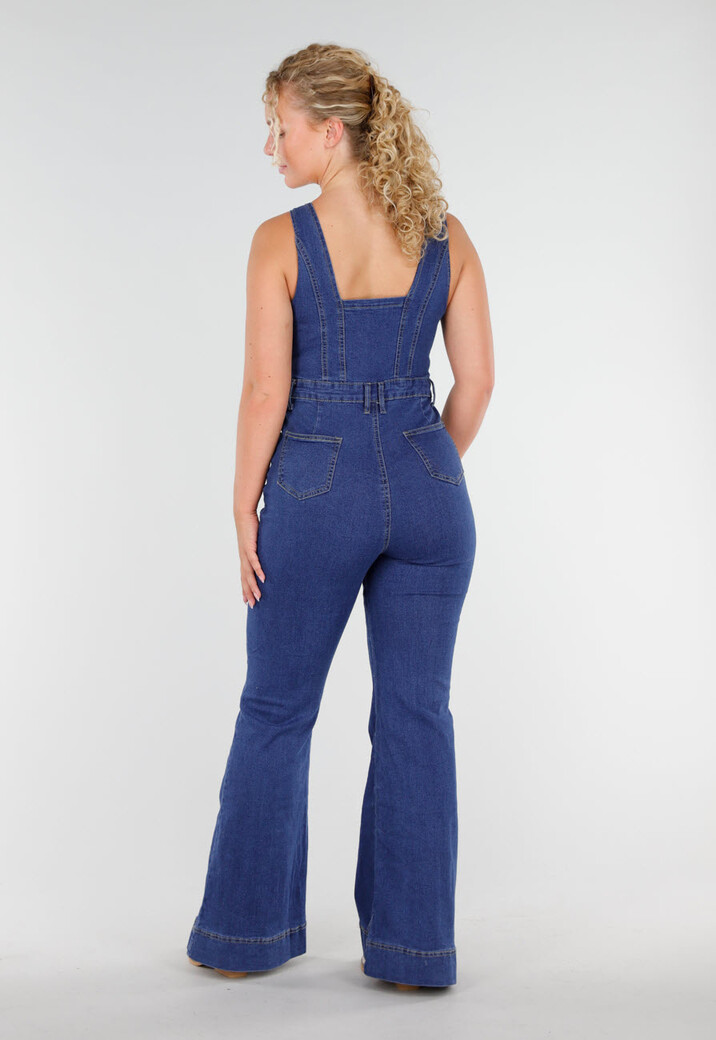 Blauwe Mouwloze Denim Flared Jumpsuit Stretch