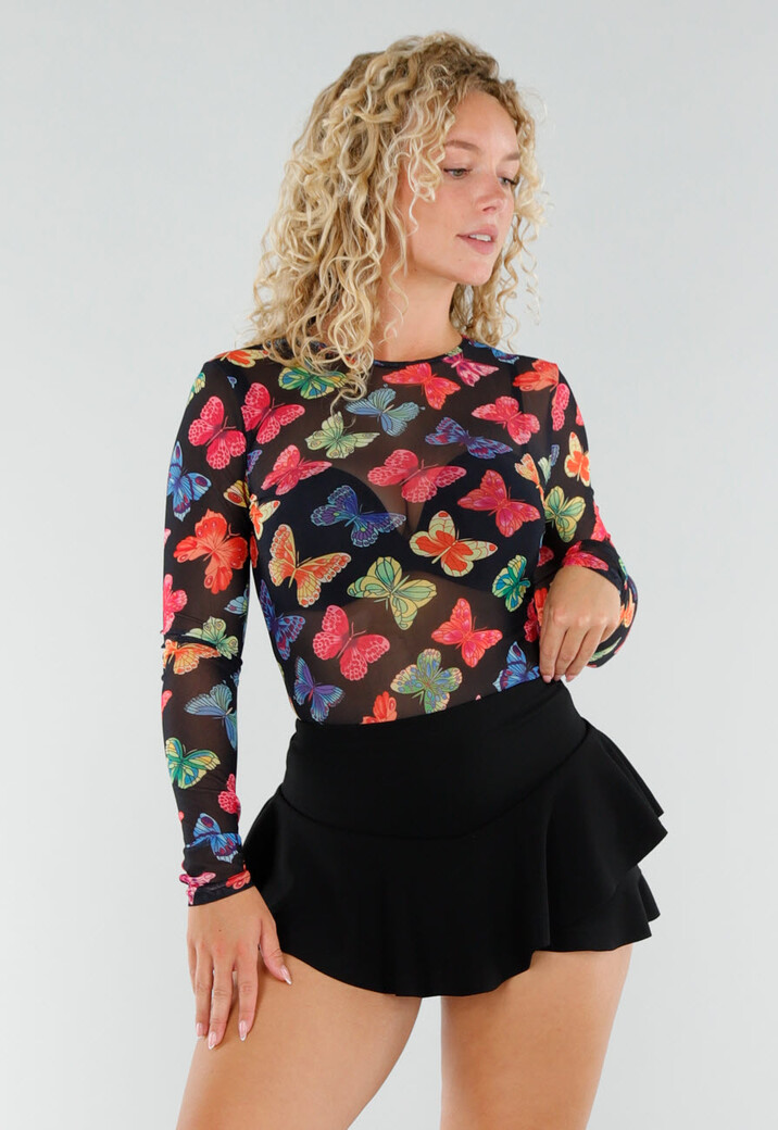 Zwarte Mesh Playsuit met Vlinderprint en Open Rug