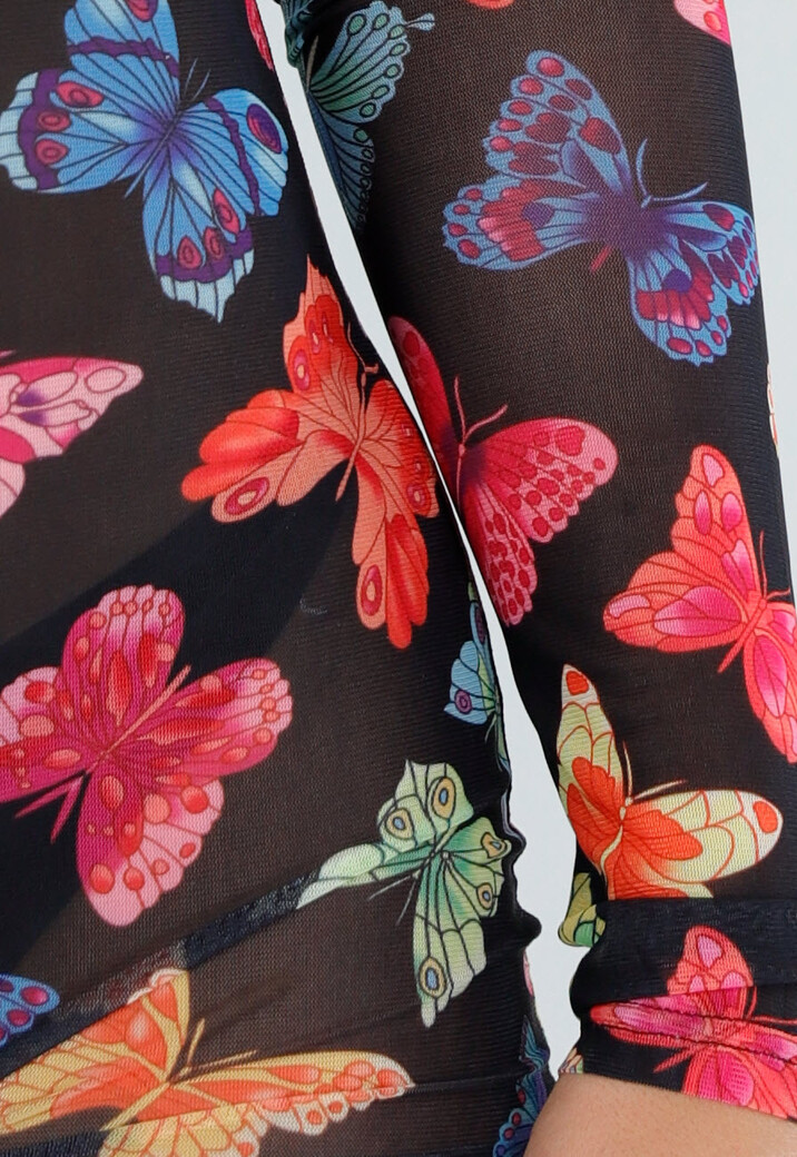 Zwarte Mesh Playsuit met Vlinderprint en Open Rug