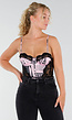 Roze Zwarte Body met Krantenprint en Kantdetails