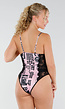 Roze Zwarte Body met Krantenprint en Kantdetails
