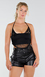 Zwarte Halter Crop Top met Opengewerkte Franjes