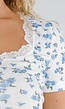 Witte Crop Top met Blauwe Bloemen en Kanten Halslijn