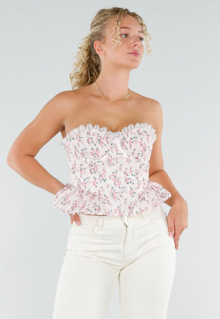 Roze Strapless Korset Top met Bloemenprint en Kant
