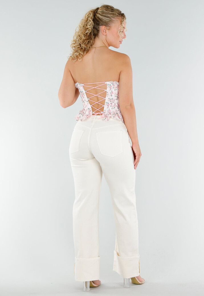 Roze Strapless Korset Top met Bloemenprint en Kant