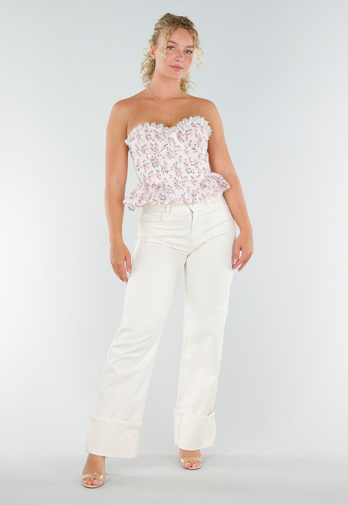 Roze Strapless Korset Top met Bloemenprint en Kant