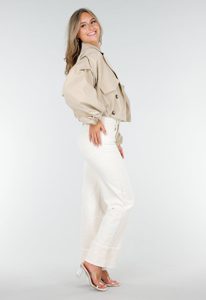 Korte Trench Coat in Beige met Pofmouwen en Knopen