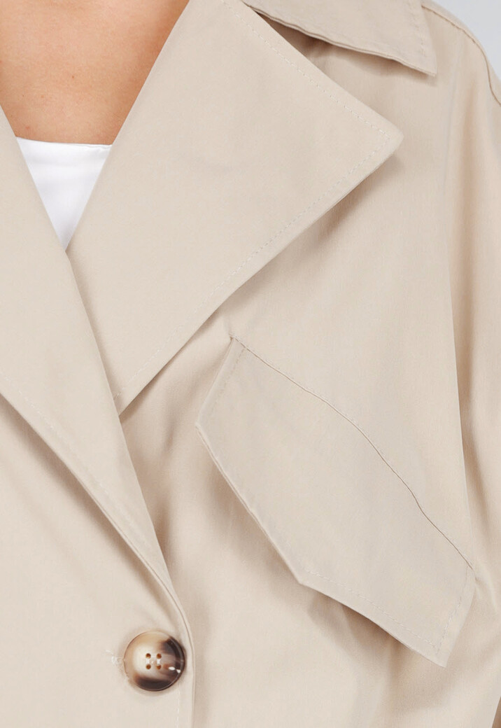 Korte Trench Coat in Beige met Pofmouwen en Knopen