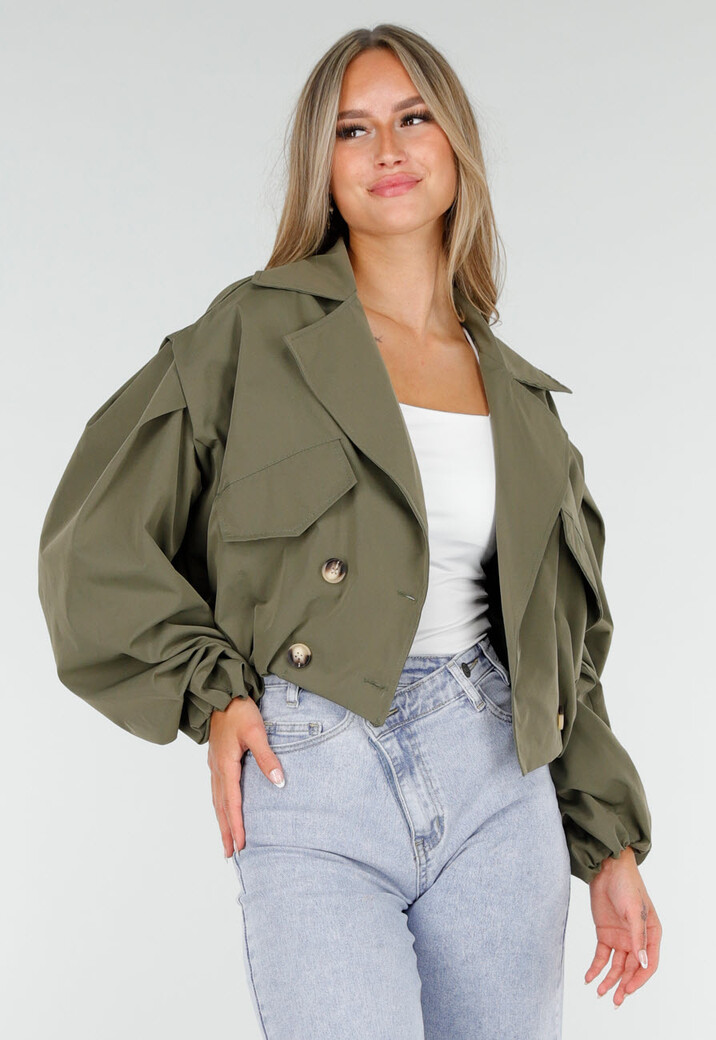 Korte Trench Coat in Armygroen met Double-Breasted Sluiting