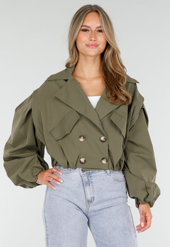 Korte Trench Coat in Armygroen met Double-Breasted Sluiting
