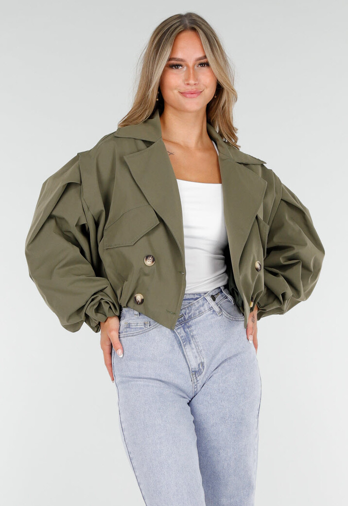 Korte Trench Coat in Armygroen met Double-Breasted Sluiting