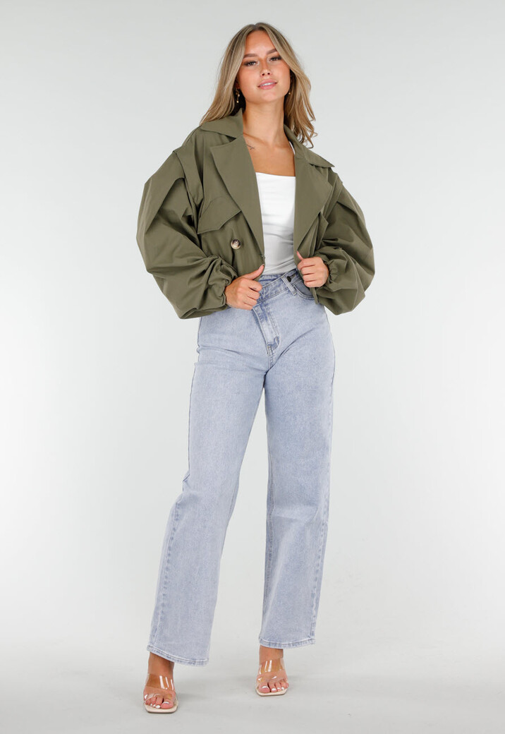 Korte Trench Coat in Armygroen met Double-Breasted Sluiting