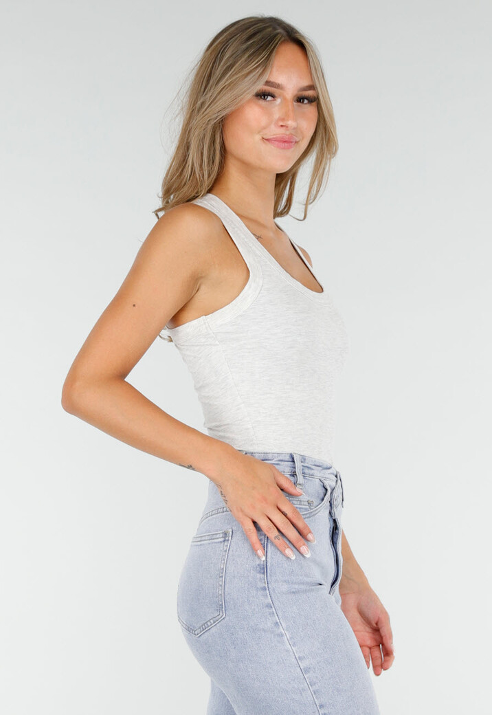 Lichtgrijze Rib Tanktop met Stretch en Brede Schouderband
