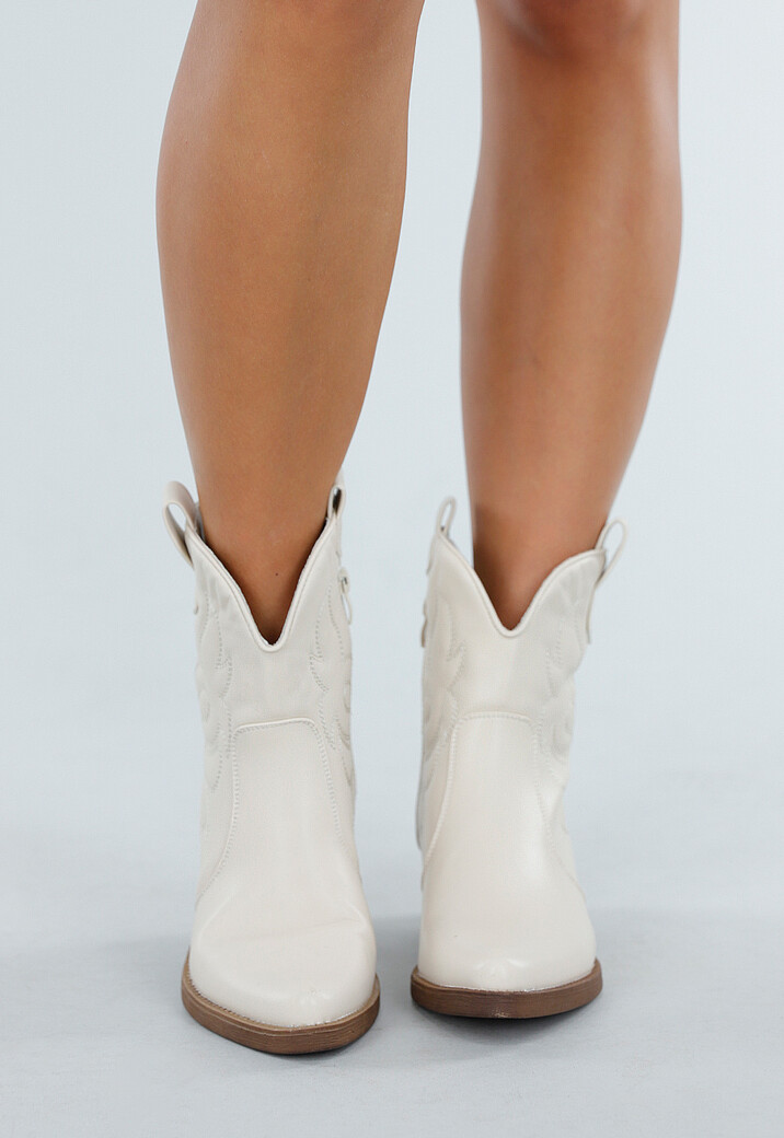 Beige Western Enkellaarsjes met Sierstiksels en Rits