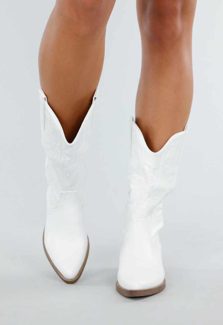 Witte Leatherlook Westernlaarzen met Rechte Hak