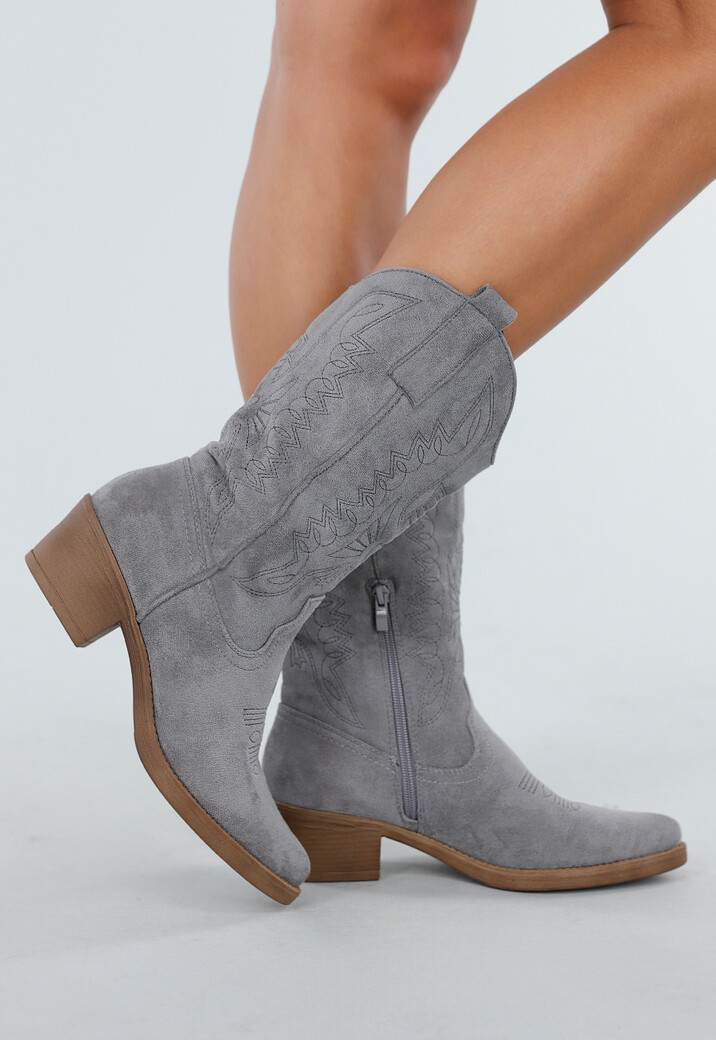 Grijze Suèdelook Cowboylaarzen met Sierstiksels