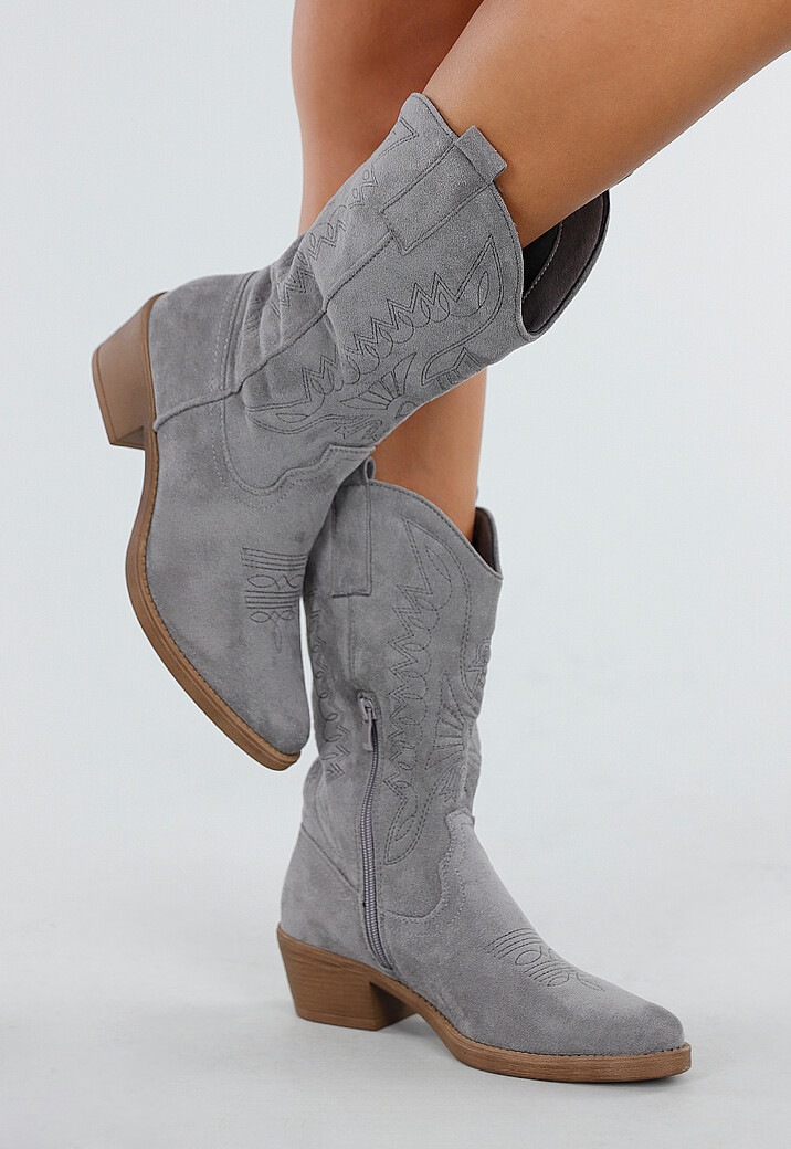Grijze Suèdelook Cowboylaarzen met Sierstiksels