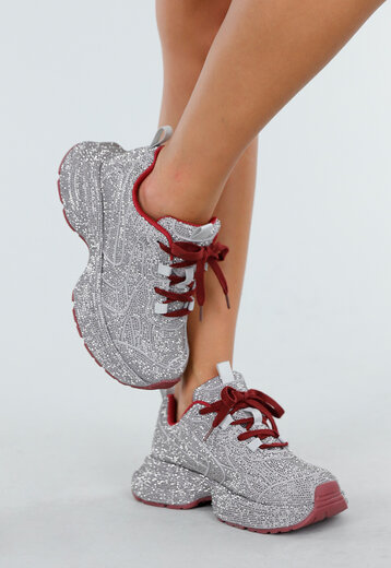 Zilveren Strass Sneakers met Rood