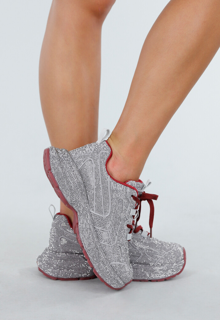 Zilveren Glitter Sneakers met Bordeaux Zool en Veters