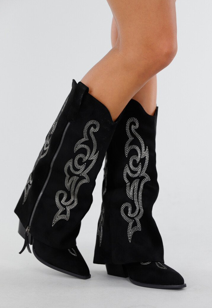 Zwarte Cowboy Overlaplaarzen met Zilveren Stiksel