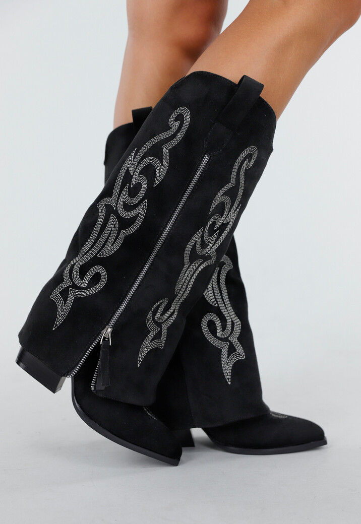 Zwarte Cowboy Overlaplaarzen met Zilveren Stiksel