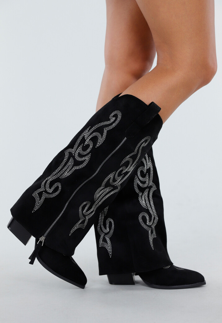 Zwarte Cowboy Overlaplaarzen met Zilveren Stiksel