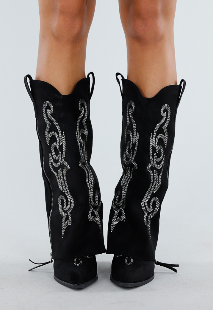 Zwarte Cowboy Overlaplaarzen met Zilveren Stiksel