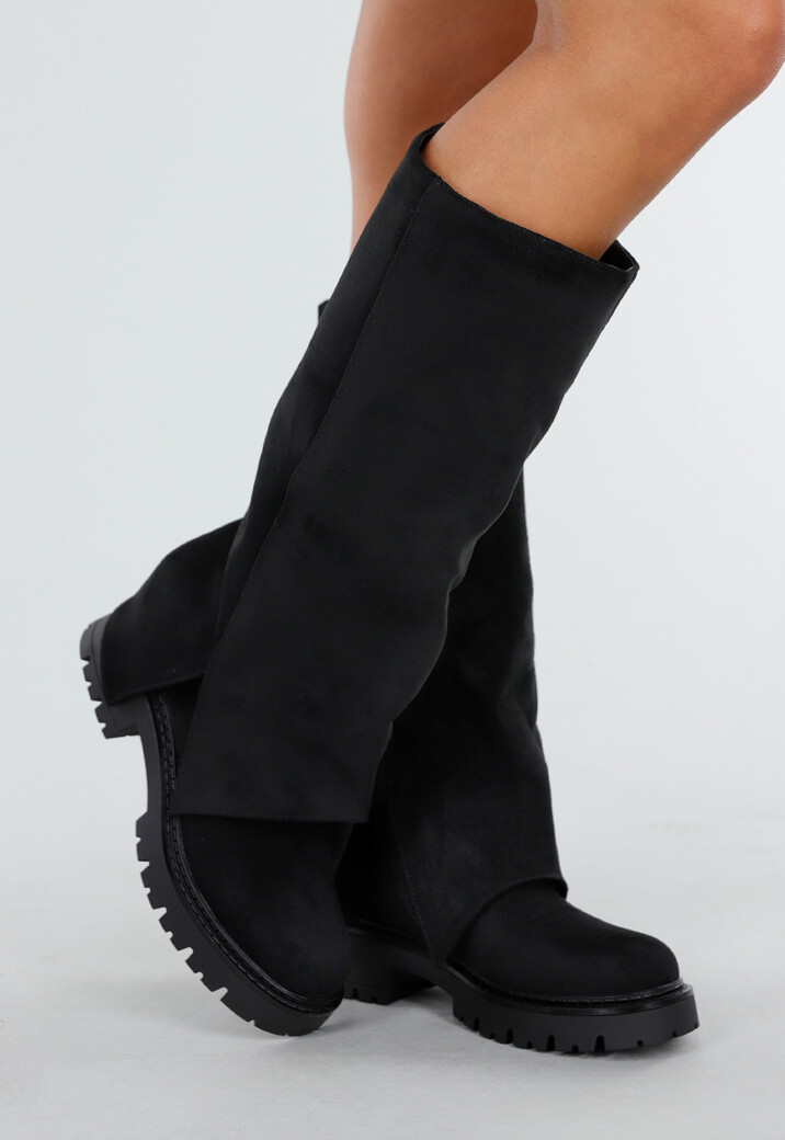 Zwarte Hoge Laarzen met Chunky Zool en Suèdelook