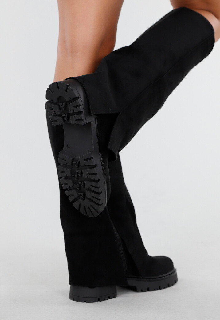 Zwarte Hoge Laarzen met Chunky Zool en Suèdelook