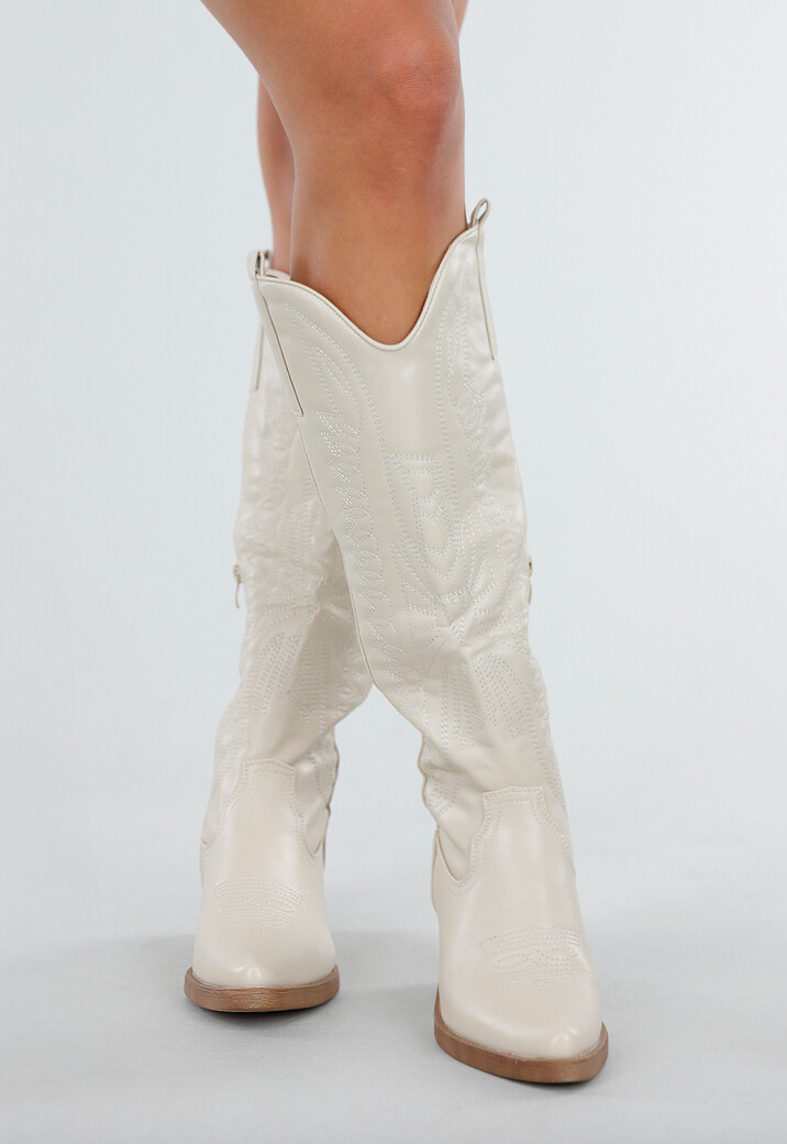 Beige Hoge Cowboylaarzen met Sierstiksels en Rits