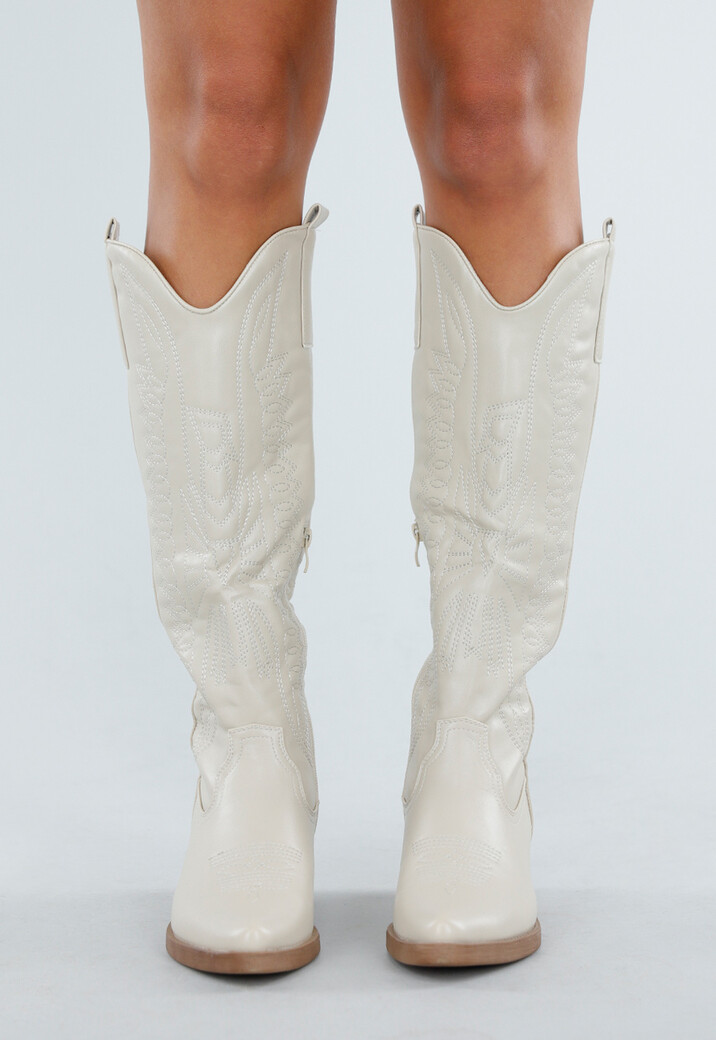 Beige Hoge Cowboylaarzen met Sierstiksels en Rits